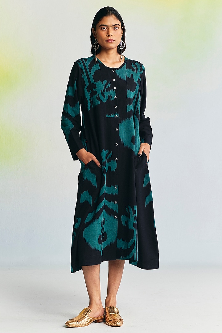 Black Linen Ikat Printed Vacation Dress by Translate Ikat India at Pernia's Pop Up Shop
