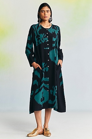 Black Linen Ikat Printed Dress by Translate Ikat India