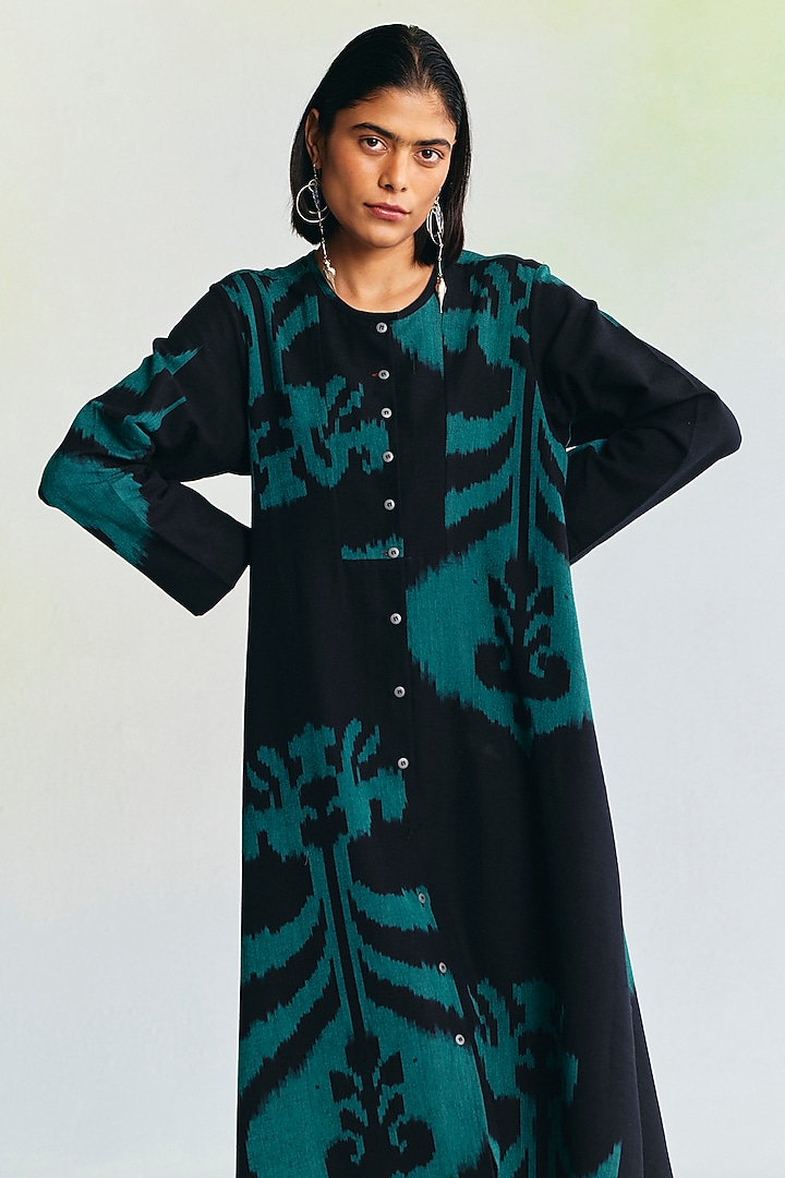 Black Linen Ikat Printed Vacation Dress by Translate Ikat India at Pernia's Pop Up Shop