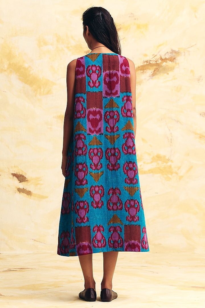 Cobalt Blue Linen Ikat Printed A-Line Midi Summer Dress by Translate Ikat India at Pernia's Pop Up Shop