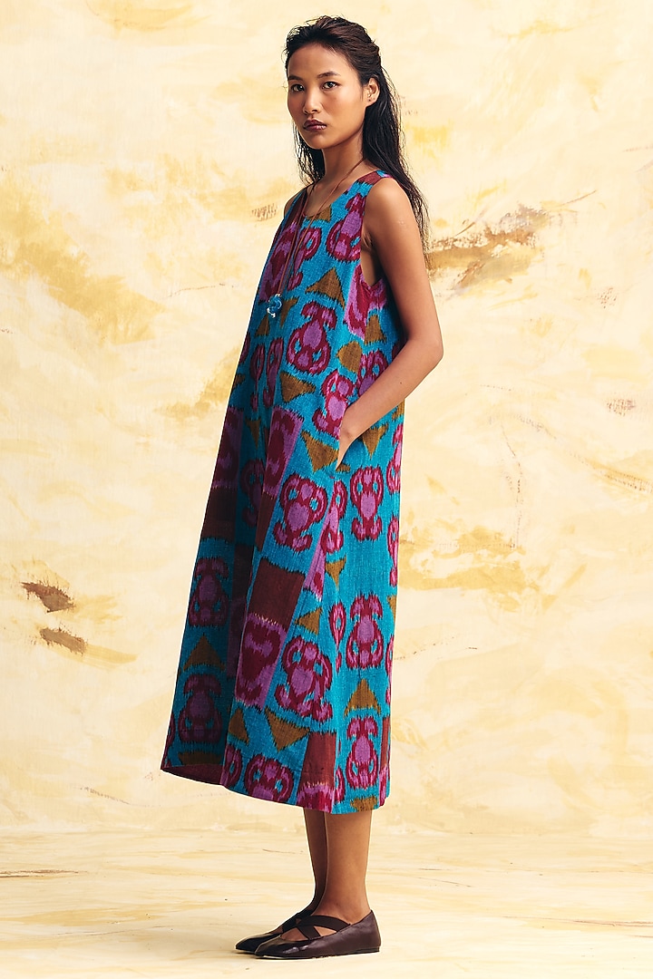 Cobalt Blue Linen Ikat Printed A-Line Midi Summer Dress by Translate Ikat India at Pernia's Pop Up Shop