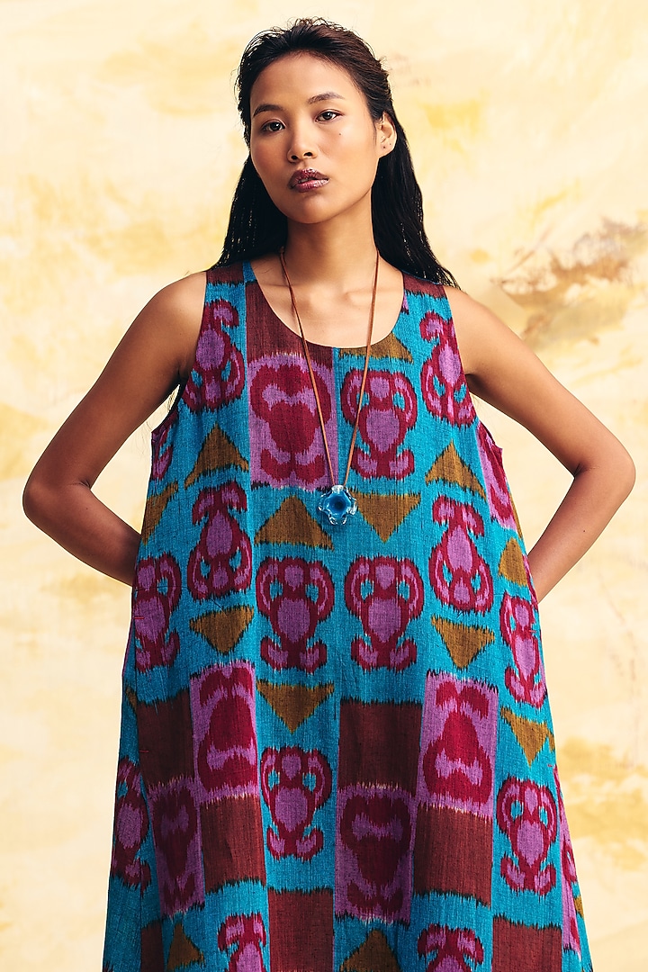 Cobalt Blue Linen Ikat Printed A-Line Midi Summer Dress by Translate Ikat India at Pernia's Pop Up Shop