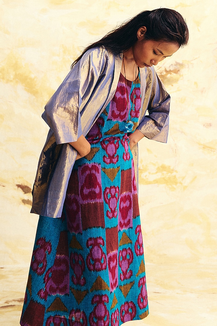 Indigo Blue Tissue Silk Ikat Printed Overlay by Translate Ikat India at Pernia's Pop Up Shop