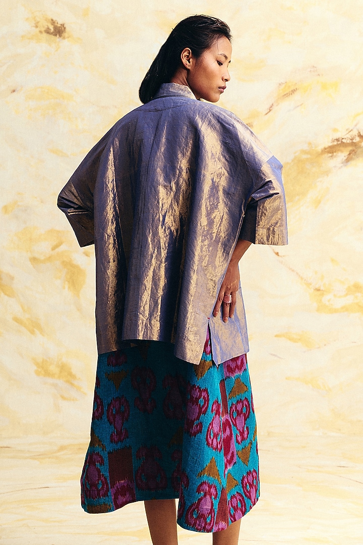 Indigo Blue Tissue Silk Ikat Printed Overlay by Translate Ikat India at Pernia's Pop Up Shop