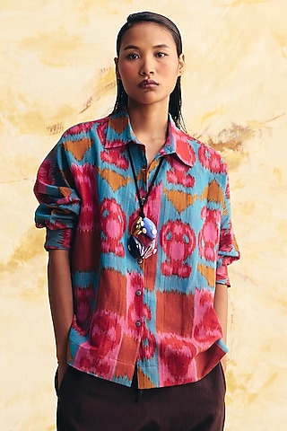 Teal & Pink Linen Ikat Printed Shirt by Translate Ikat India