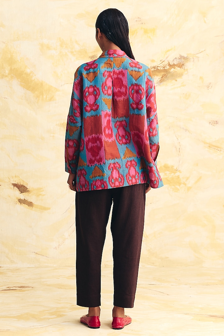 Teal & Pink Linen Ikat Printed Shirt by Translate Ikat India at Pernia's Pop Up Shop