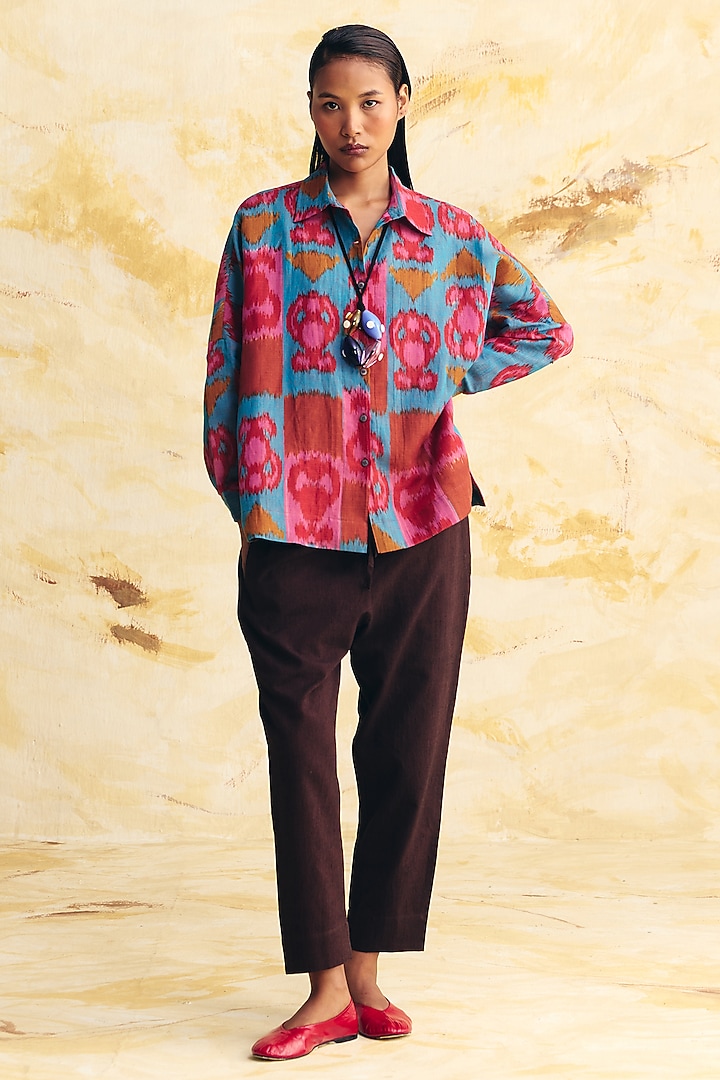 Teal & Pink Linen Ikat Printed Shirt by Translate Ikat India at Pernia's Pop Up Shop