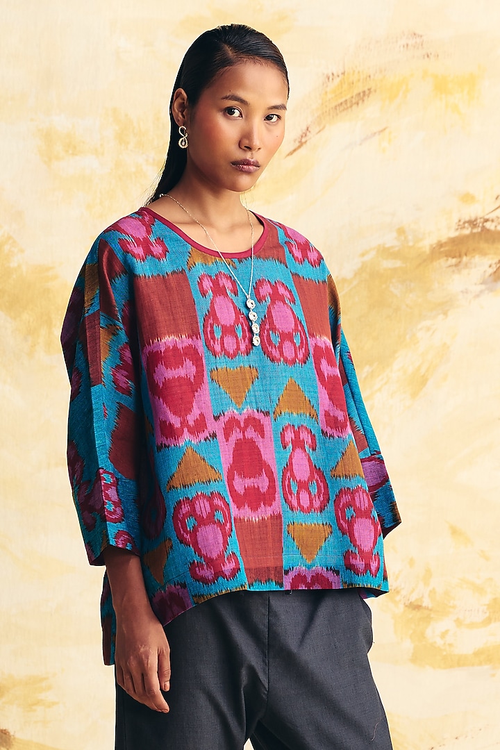 Cobalt Blue Linen Ikat Printed Shirt by Translate Ikat India at Pernia's Pop Up Shop