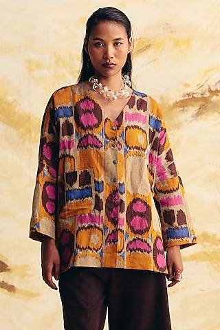 Beige Raw Silk Ikat Dye Printed Top by Translate Ikat India