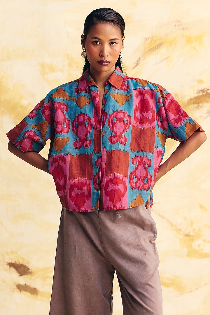 Teal & Pink Linen Ikat Printed Shirt by Translate Ikat India at Pernia's Pop Up Shop