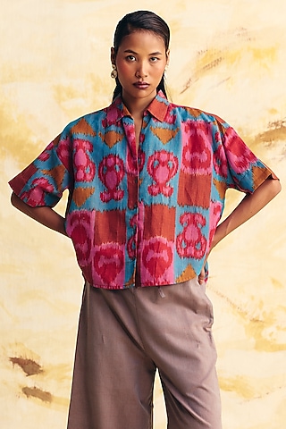 Teal & Pink Linen Ikat Printed Shirt by Translate Ikat India