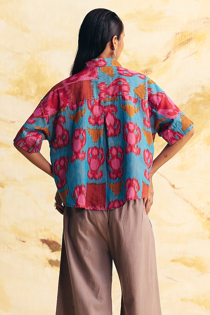 Teal & Pink Linen Ikat Printed Shirt by Translate Ikat India at Pernia's Pop Up Shop