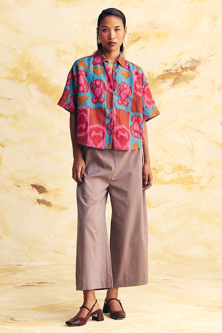 Teal & Pink Linen Ikat Printed Shirt by Translate Ikat India at Pernia's Pop Up Shop