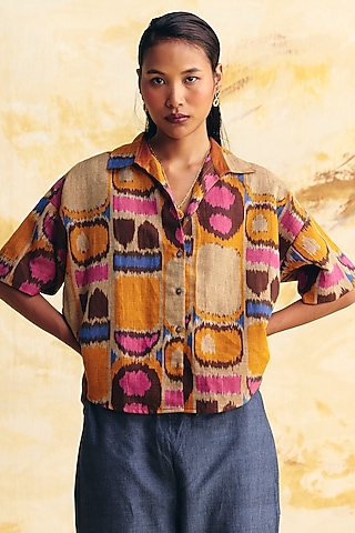 Beige Linen Ikat Printed Shirt by Translate Ikat India