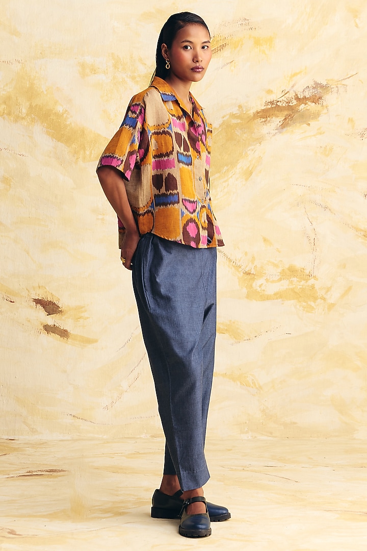 Beige Linen Ikat Printed Shirt by Translate Ikat India at Pernia's Pop Up Shop