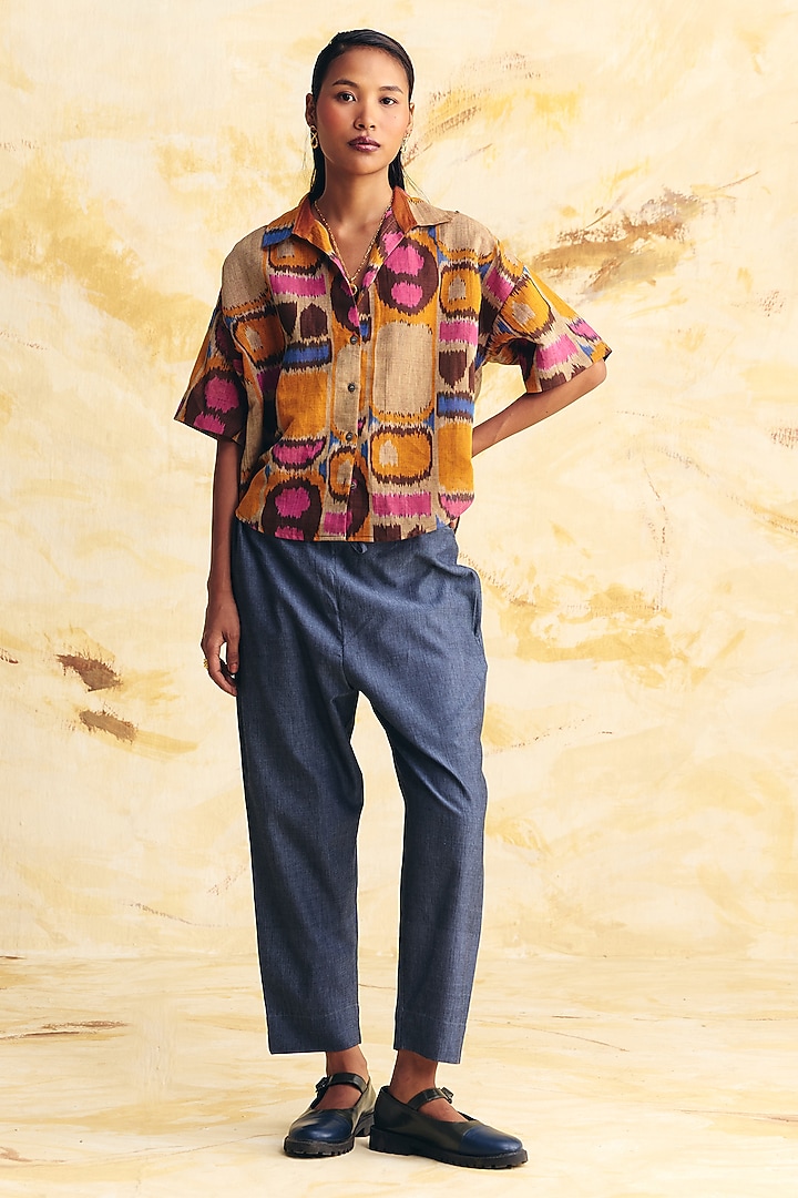 Beige Linen Ikat Printed Shirt by Translate Ikat India at Pernia's Pop Up Shop