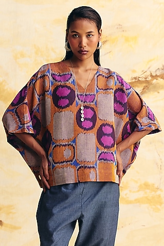 Lavender & Grey Linen Ikat Printed Top by Translate Ikat India