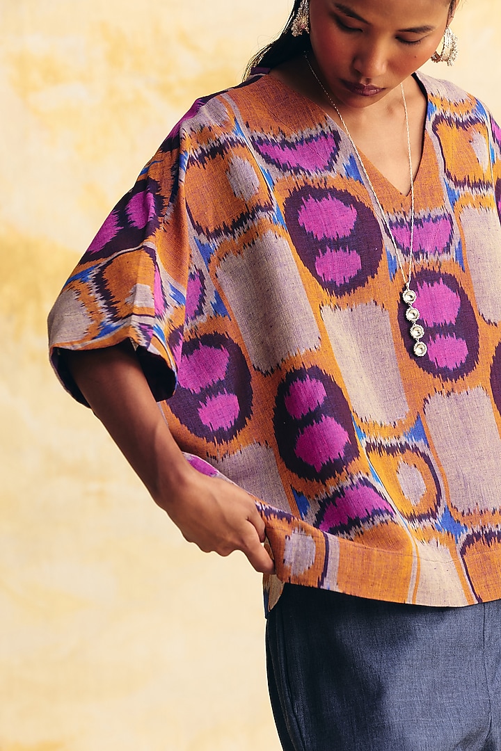 Lavender & Grey Linen Ikat Printed Top by Translate Ikat India at Pernia's Pop Up Shop