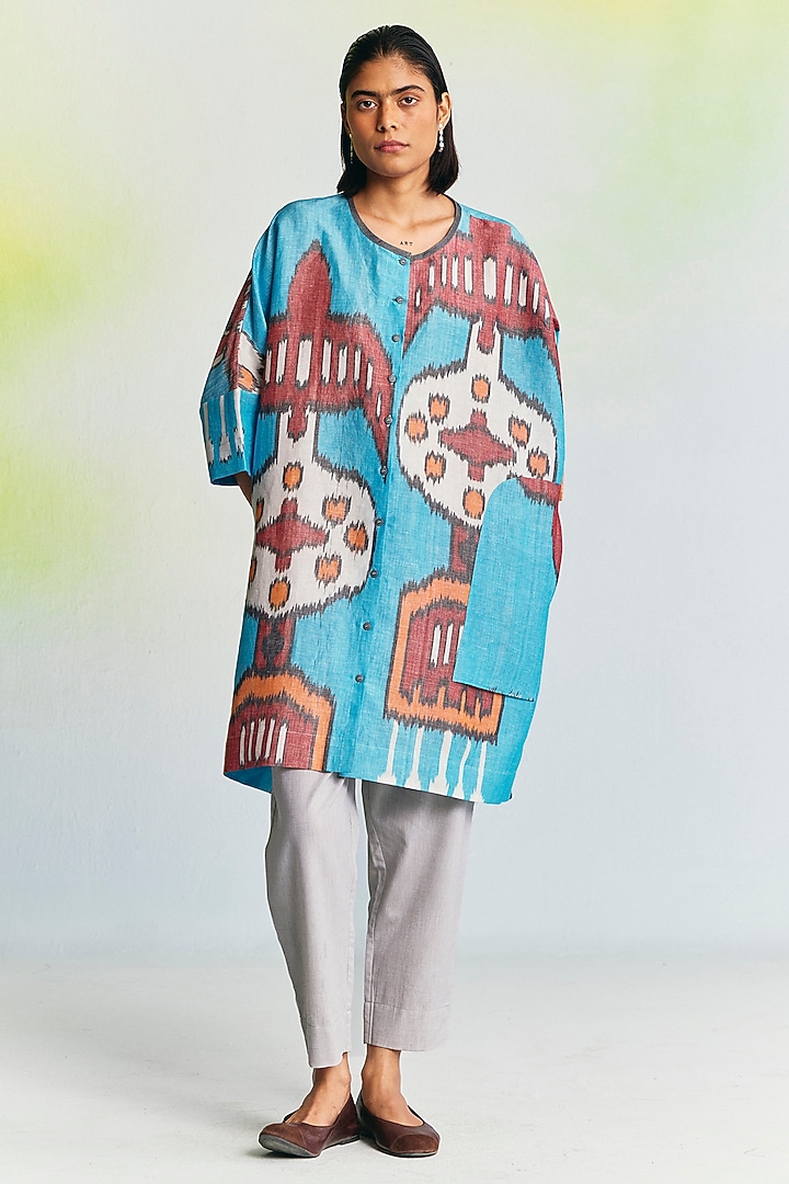 Electric Blue Linen Ikat Printed Co-Ord Set by Translate Ikat India at Pernia's Pop Up Shop