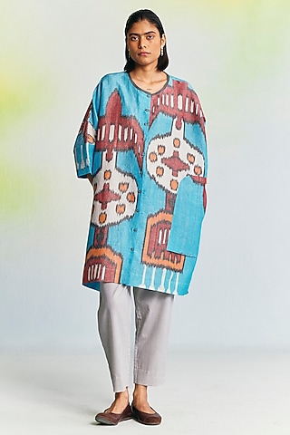 Electric Blue Linen Ikat Printed Co-Ord Set by Translate Ikat India