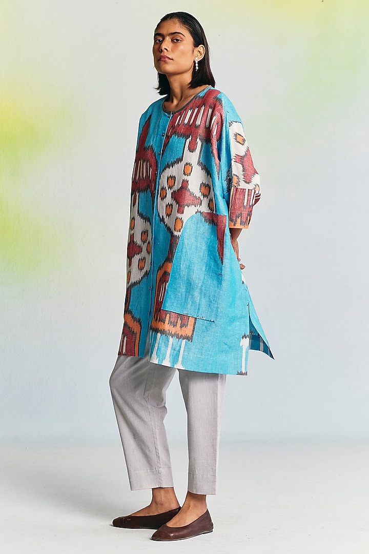 Electric Blue Linen Ikat Printed Co-Ord Set by Translate Ikat India at Pernia's Pop Up Shop