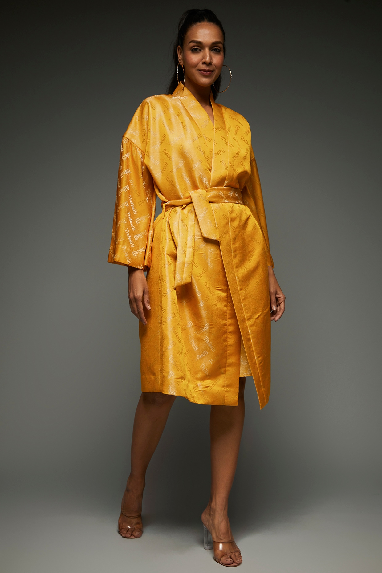 Mustard Jacquard Satin Kimono Dress by TheRealB at Pernia s Pop Up Shop