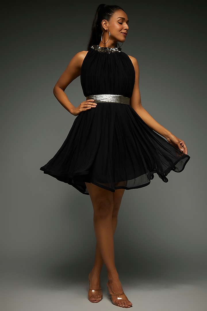 Black Chiffon Knee-Length Dress With Belt by TheRealB