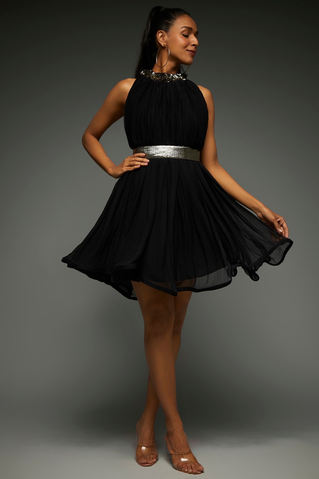 Black Chiffon Knee-Length Vacation Dress With Belt by TheRealB at Pernia's  Pop Up Shop