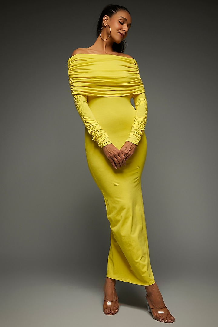 Yellow Lycra Cotton Off-Shoulder Bodycon Dress by TheRealB