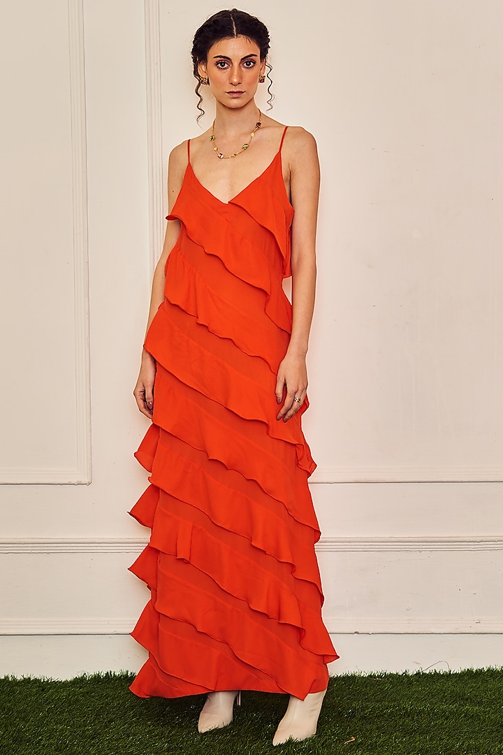 Orange Polyester Ruffled Strappy Dress by TheRealB