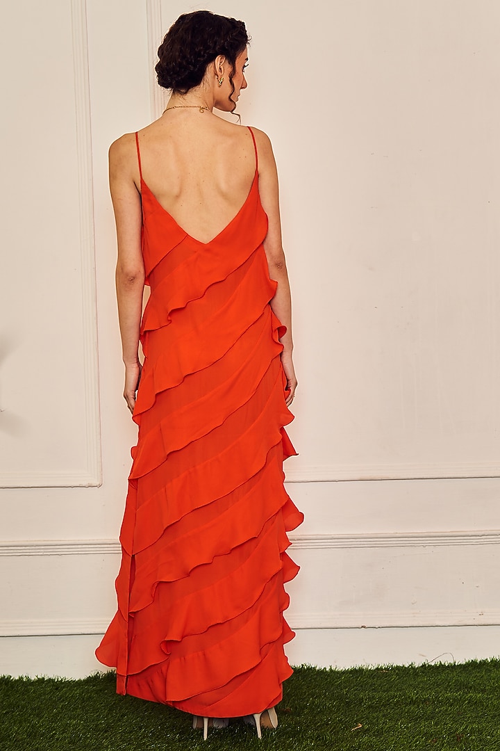 Orange Polyester Ruffled Strappy Summer Dress by TheRealB at Pernia's Pop Up Shop