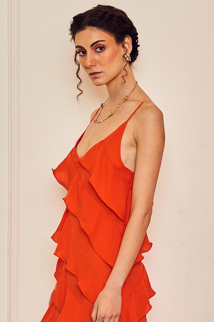 Orange Polyester Ruffled Strappy Summer Dress by TheRealB at Pernia's Pop Up Shop