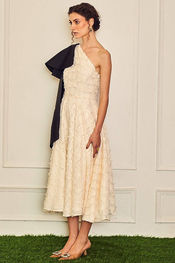 Off-White Polyester One-Shoulder Midi Vacation Dress by TheRealB at Pernia's Pop Up Shop