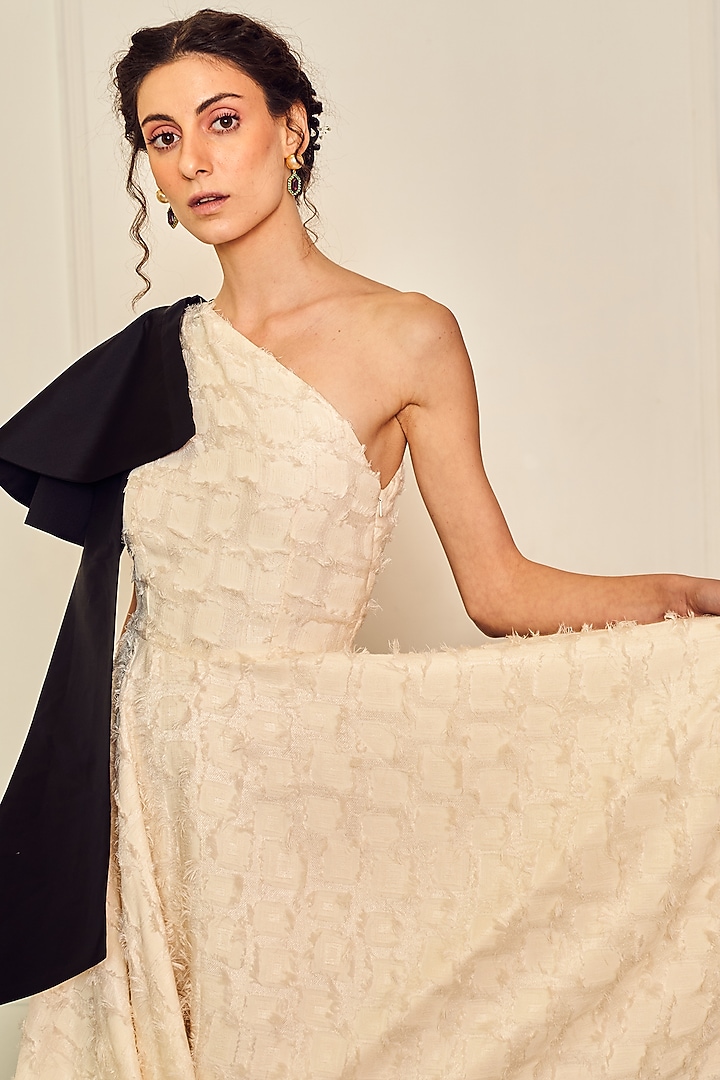 Off-White Polyester One-Shoulder Midi Vacation Dress by TheRealB at Pernia's Pop Up Shop