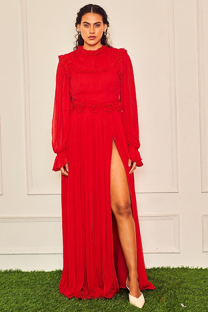 Red Chiffon Ruffled Maxi Dress by TheRealB