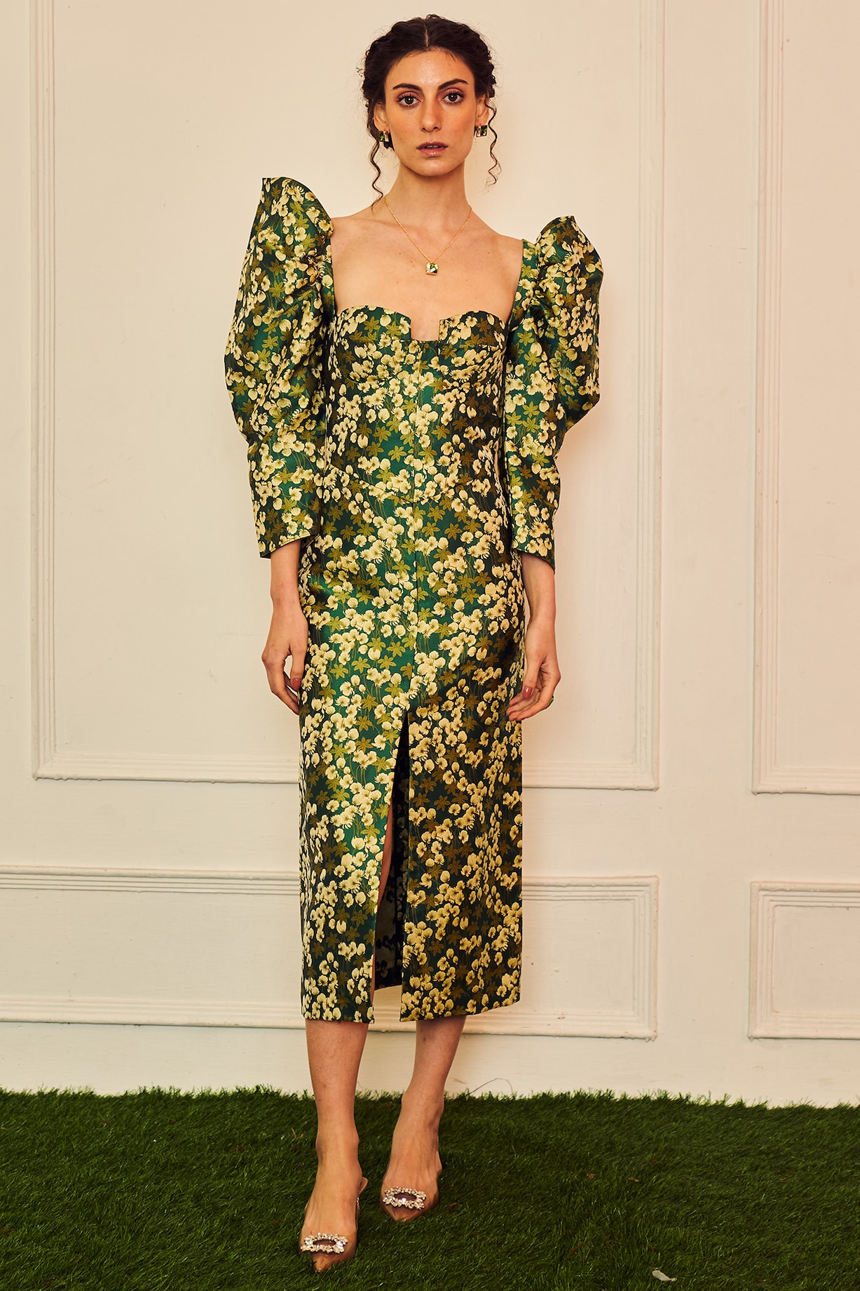 emerald green jacquard dress Umgee Emerald Bloom Embroidered Jacquard Flutter Sleeve Dress main image 1