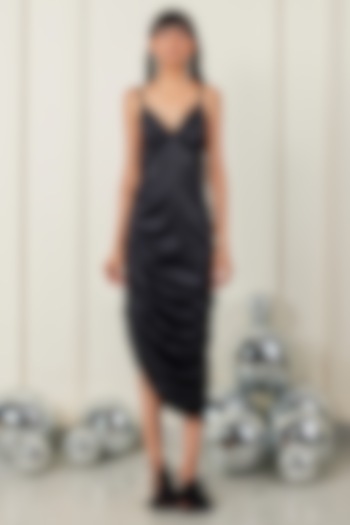 Black Satin Midi Gathered Summer Dress by TheRealB at Pernia's Pop Up Shop