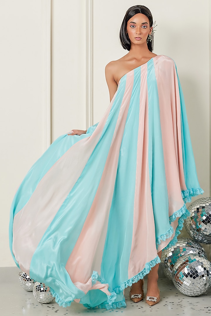 Peach & Blue Satin One-Shoulder Maxi Dress by TheRealB