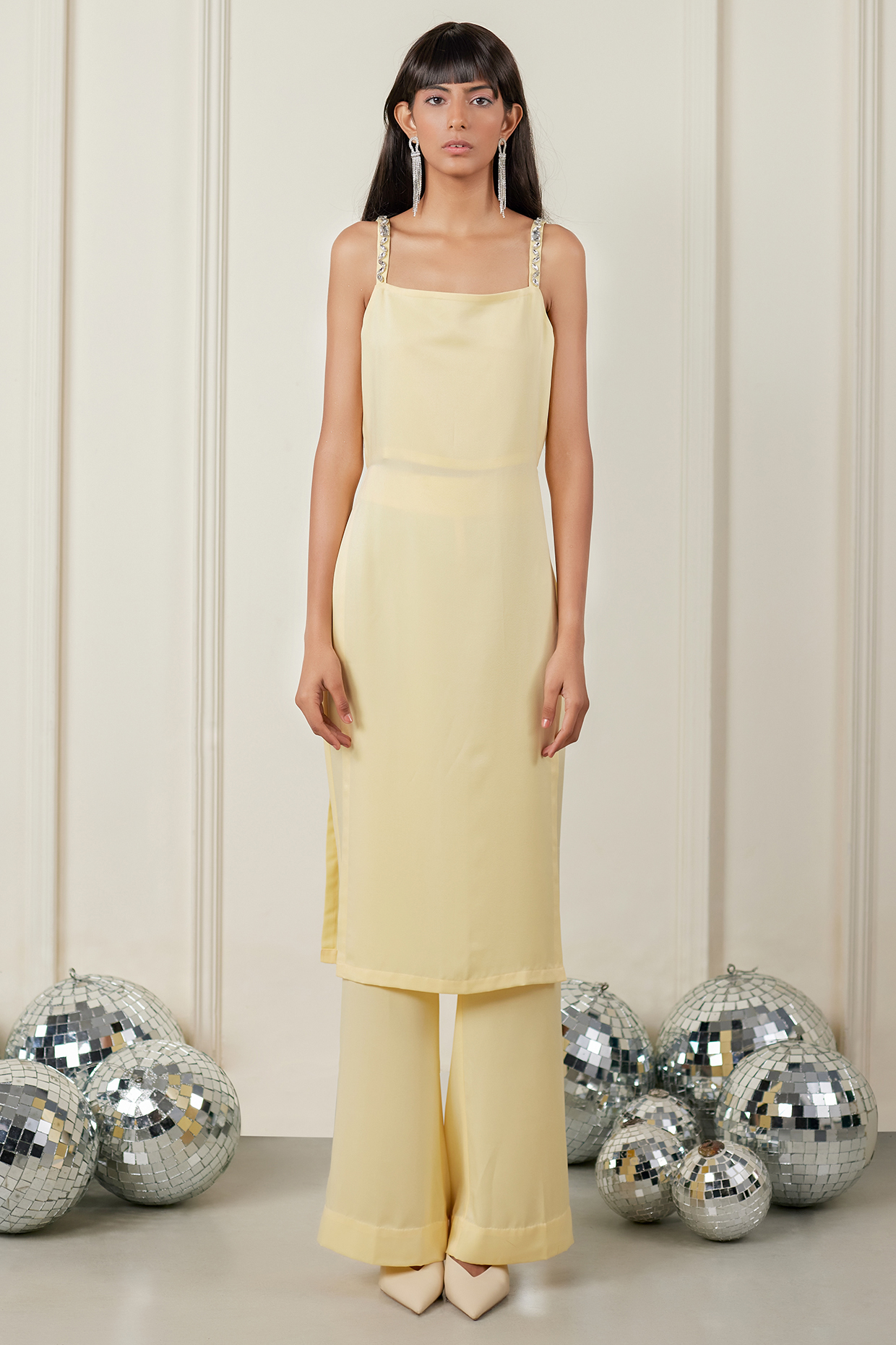 Lemon Yellow Satin Embellished Tunic set by TheRealB at Pernia's Pop Up Shop