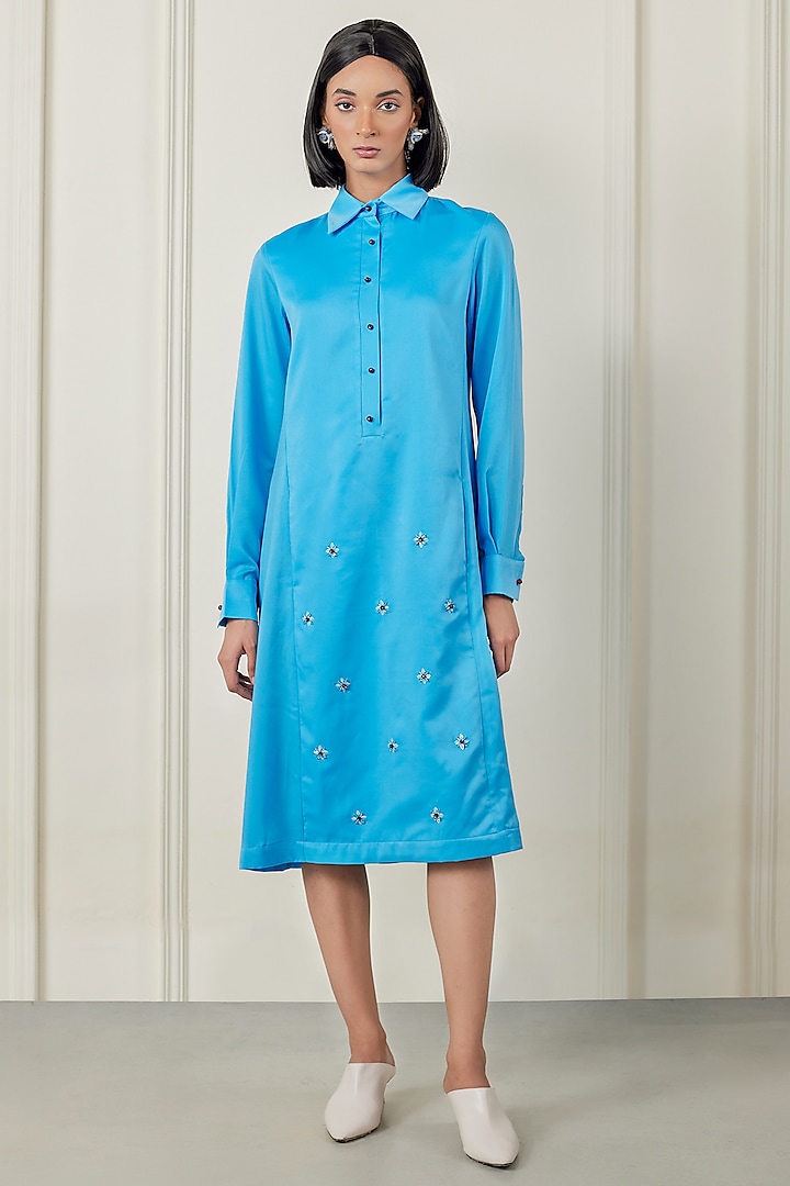 Blue Satin Embellished Shirt Dress by TheRealB