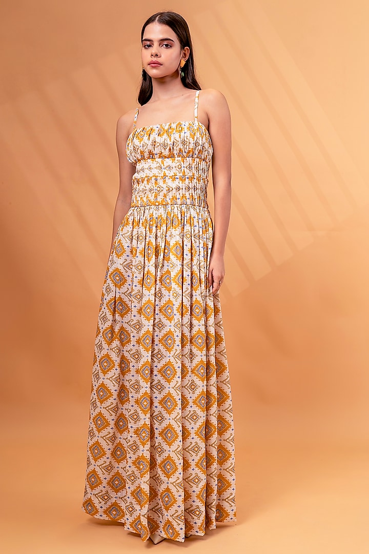 Mustard Cotton Linen Printed Backless Maxi Dress by TheRealB at Pernia's Pop Up Shop