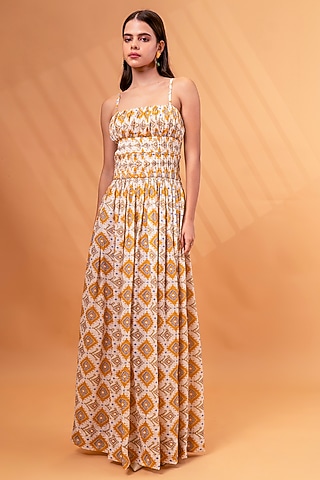 Mustard Cotton Linen Printed Backless Maxi Dress by TheRealB