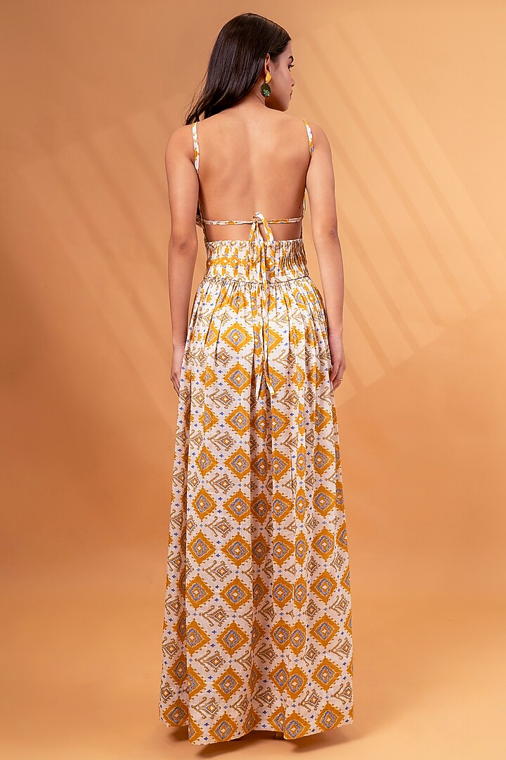 Mustard Cotton Linen Printed Backless Maxi Summer Dress by TheRealB at Pernia's Pop Up Shop