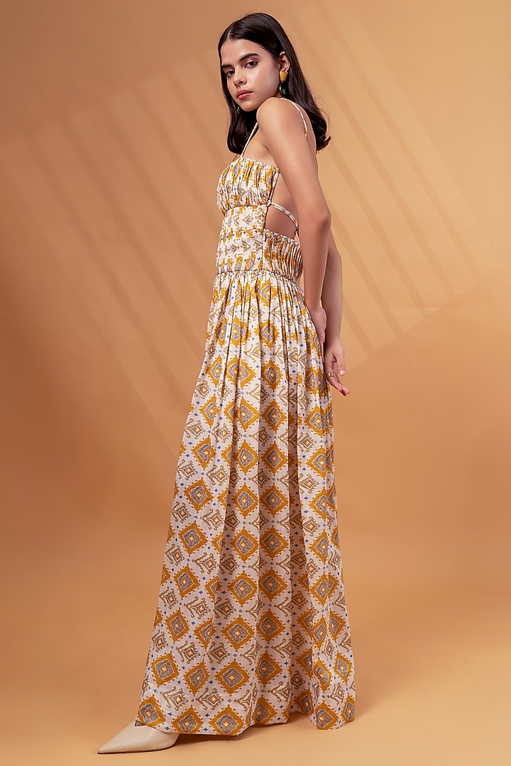 Mustard Cotton Linen Printed Backless Maxi Summer Dress by TheRealB at Pernia's Pop Up Shop