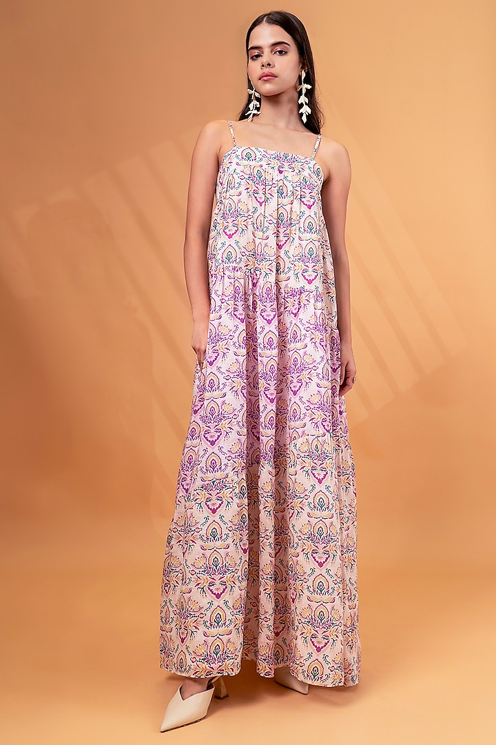 Multi-Color Pure Cotton Linen Printed Layered A-Line Maxi Dress by TheRealB at Pernia's Pop Up Shop