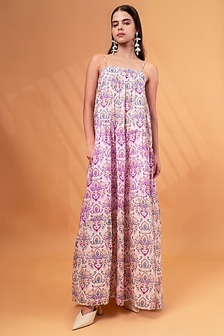 Multi-Color Pure Cotton Linen Printed Layered A-Line Maxi Dress by TheRealB