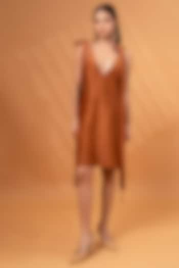 Maple Brown Cotton Linen Thread Work Mini Dress by TheRealB at Pernia's Pop Up Shop