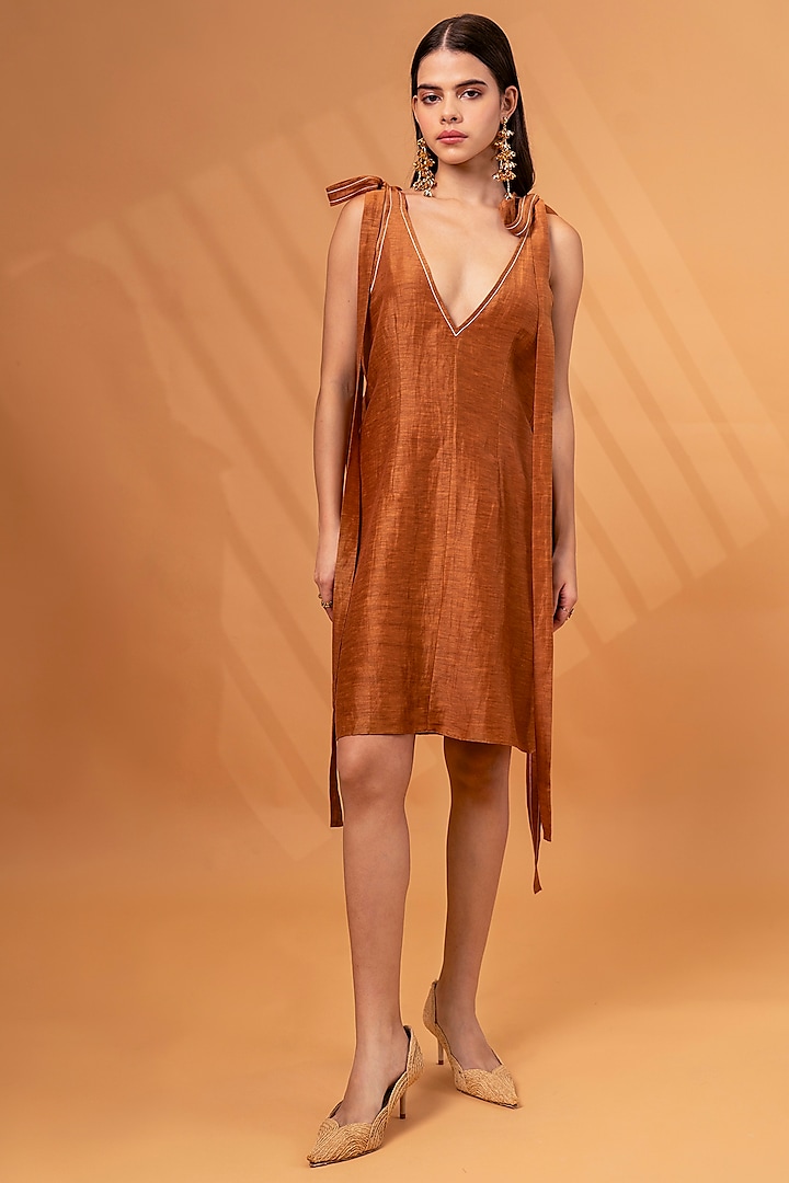 Maple Brown Cotton Linen Thread Work Mini Dress by TheRealB at Pernia's Pop Up Shop