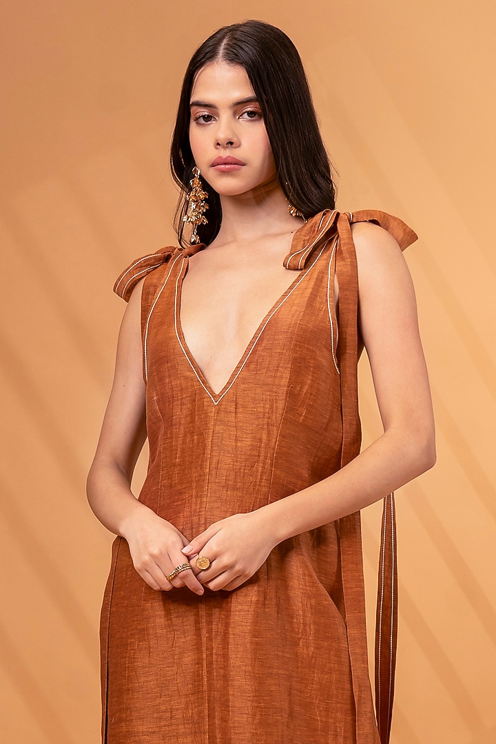 Maple Brown Cotton Linen Thread Work Mini Summer Dress by TheRealB at Pernia's Pop Up Shop