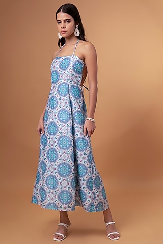 Deep Sky Blue Cotton Linen A-Line Backless Maxi Dress by TheRealB